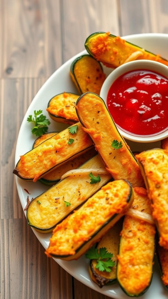 Crispy baked zucchini fries with marinara sauce on a white plate, garnished with parsley.